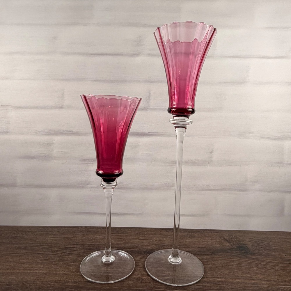 Empoli Pink Glass Trumpet Vases Clear Stem Italian MCM